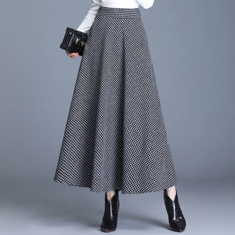 Pleated Skirt Elegant Ladies Gray Skirts Female Elastic High Waist Maxi Long Woolen Skirts Women Faldas Saia 3XL