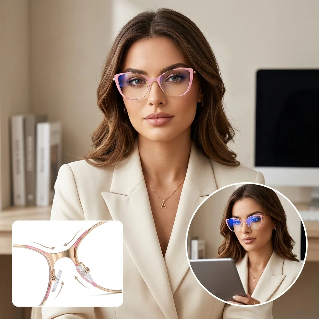 Blue Light Blocking Glasses Cat Eye Color Block Metal Frame Clear Lens Anti-blue Computer Glasses Spectacles For Women