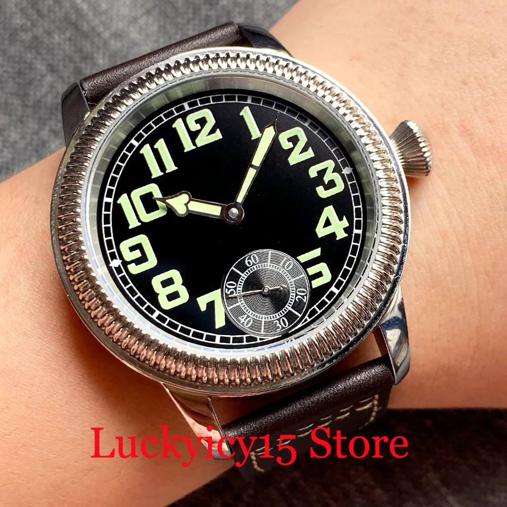 

44MM Sterile Luminous 17 Jewels 6498 Hand Winding Movement Men's Wristwatch Stainless Steel Watch Case