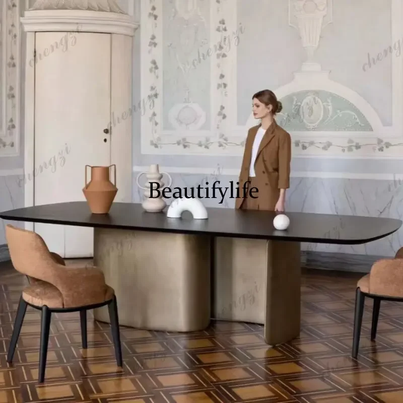 A68Italian-style minimalist solid wood metal dining table, modern light luxury dining table, glass-topped table