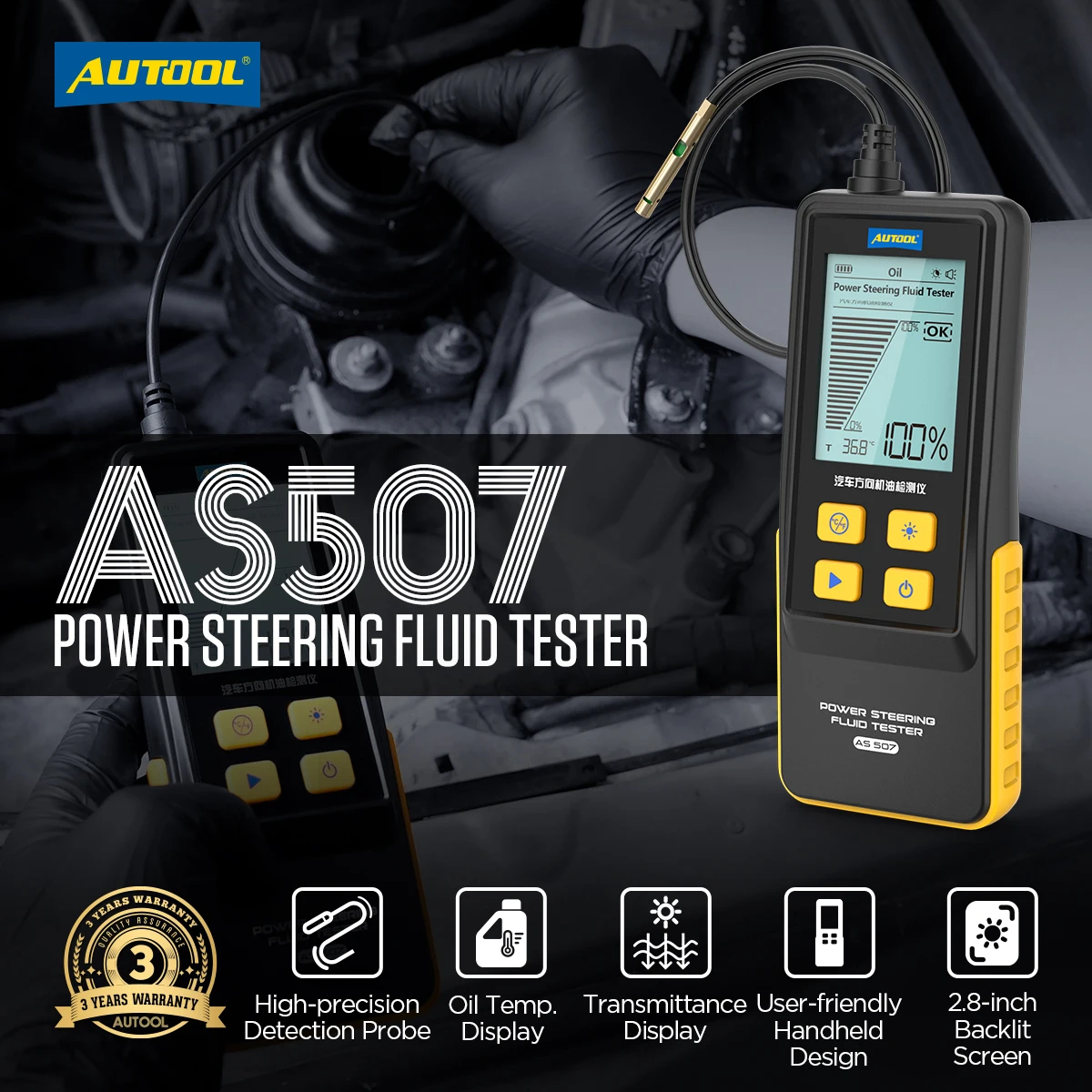 AUTOOL AS507 Automotive Engine Directional Oil Tester 2.8inch Digital Display for Gasoline & Diesel Engine Transmission Detector