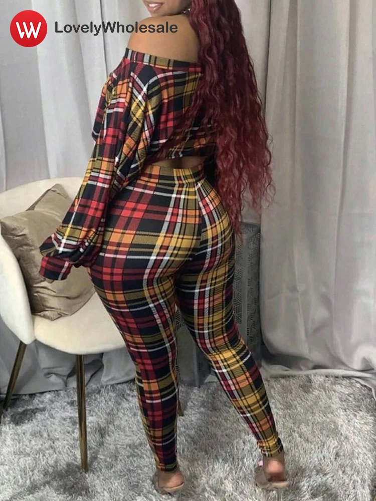 LW Autumn Plus Size Plaid Print Pant Sets Women Elegant Off The Shoulder Crop Top Womens Two Pieces Set  Trouser Suit Femme 2024