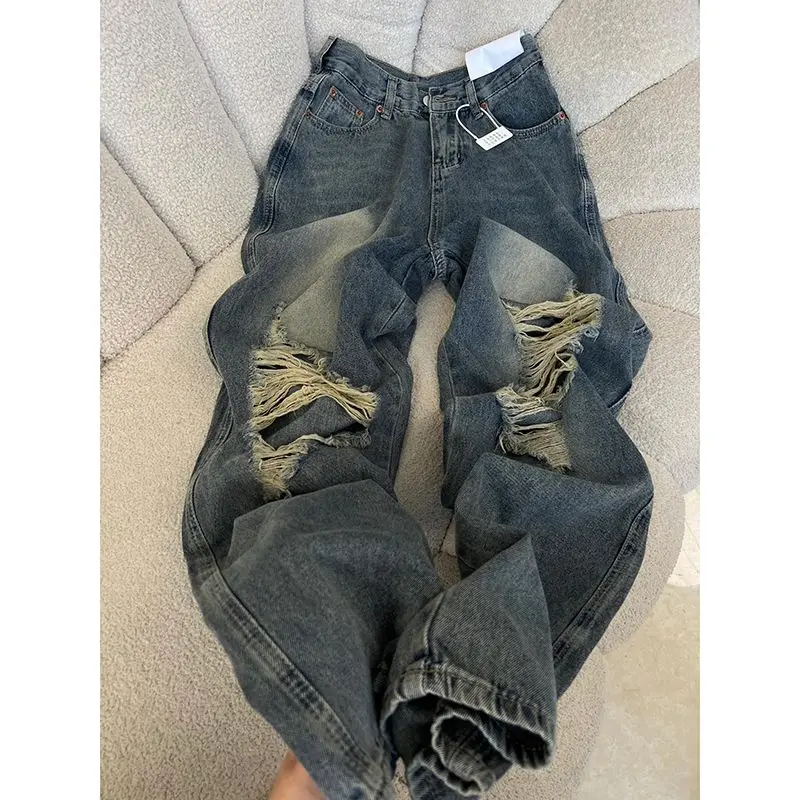 

Autumn Winter plus Size Straight Leg Denim Jeans Men Women Vintage Couple Loose Design High Street Hole Wide Leg Pants