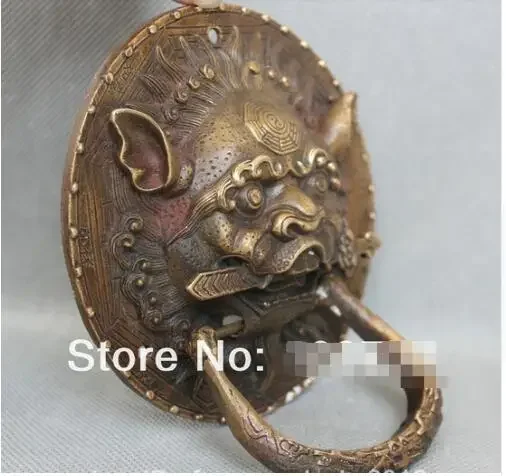 Chinese Fengshui Door Copper Bronze Lion Foo Dog Mask Head Sword Statue knocker