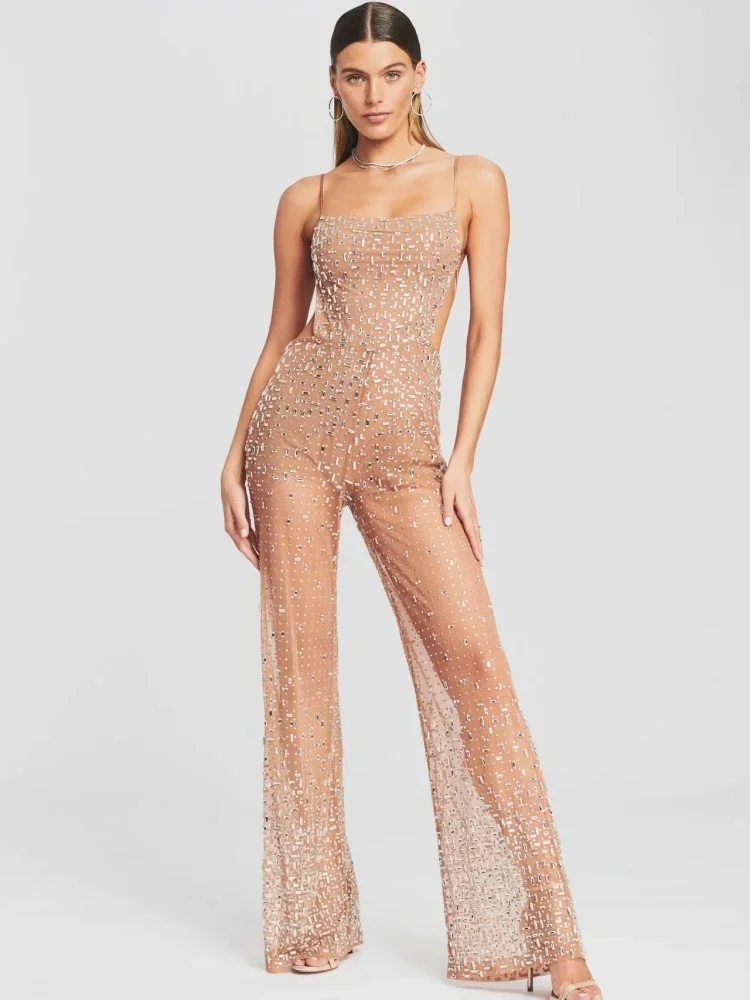 Sexy Bandjes Perspectief Mesh Crystal Diamant Jumpsuit Vrouwen Abrikoos Mouwloze Backless Glanzende Strass Jumpsuits Party Club