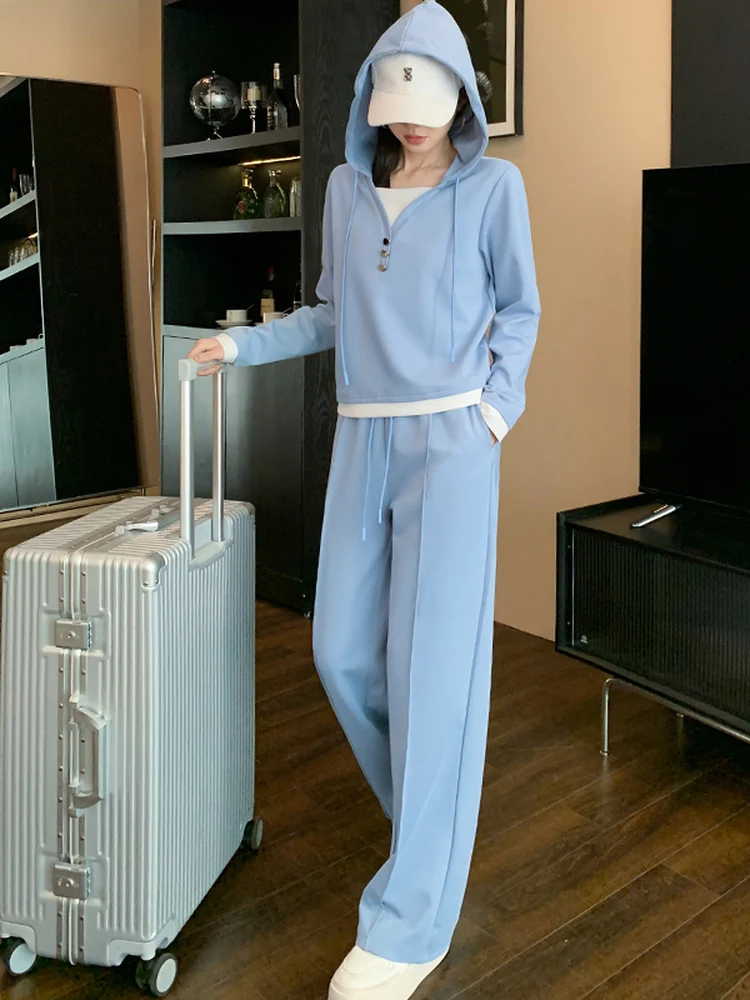 

Fall Salt Series Casual Sportswear Set Women's Trendy Anti-Aging Blue Faux Two-Piece Sweatshirt Wide Leg Pants Two-Piece Set