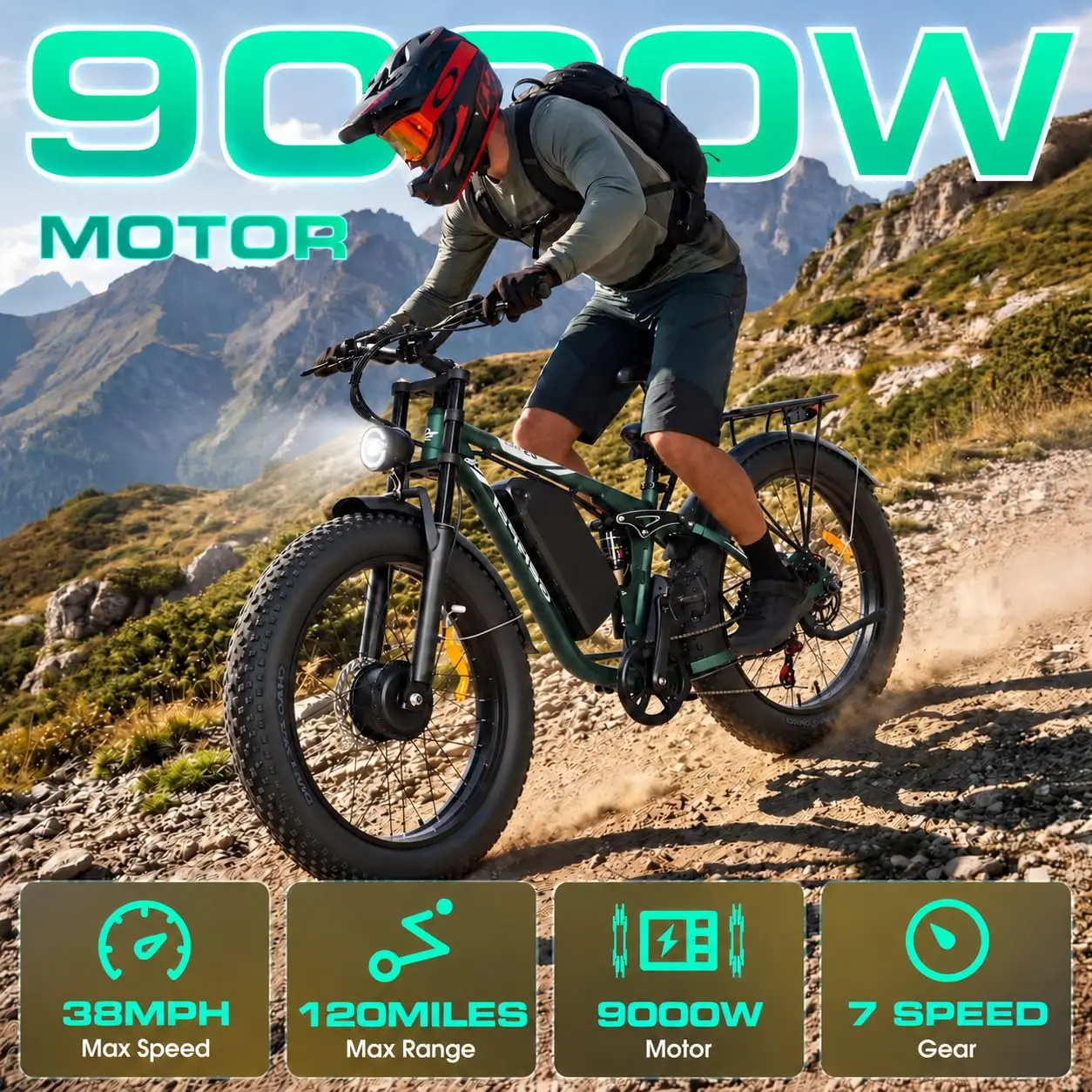9000W Dual Motor Electric Bike Adults, AWD 38MPH, 52V 32Ah Battery, 120-Mile Range, 26