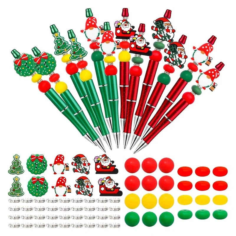

Christmas Beadable Pens, Bead Pens With 12 Pcs Santa Shape Silicone Spacers For Christmas School Office Supplies