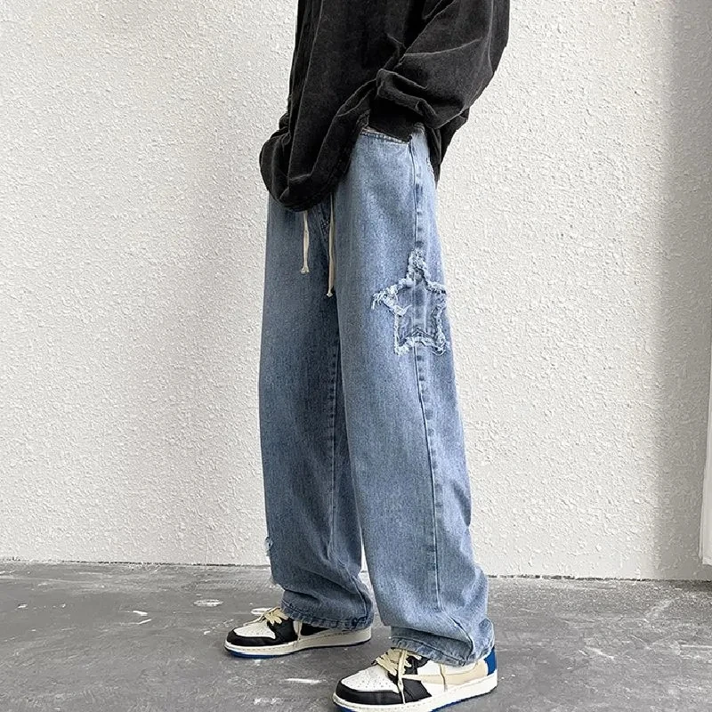 Summer Fashion Casual Stars Towel Embroidery Baggy Men Jeans Pants Y2k Clothes Straight Hip Hop Cotton Trousers Homme Men Jeans