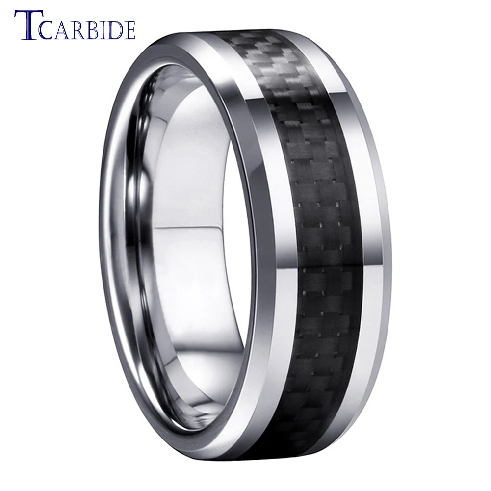 

8MM Men Women Tungsten Carbide Ring With Carbon Fiber Inlay Beveled Polished Classic Gift Jewelry Comfort Fit