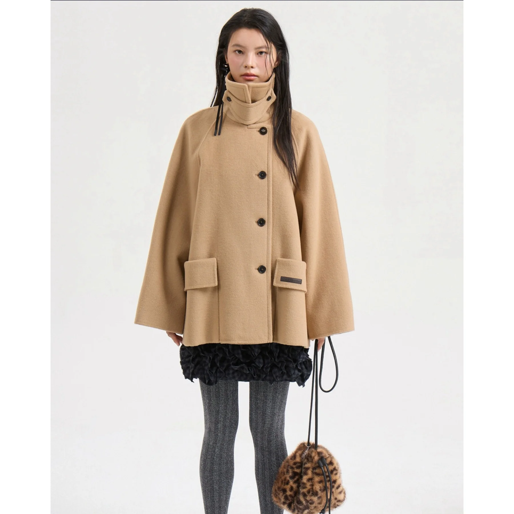 

Faionable Wool Camere Coat with Stand Collar Hand Sewn Lemon Cheese LUC25 Autumn High Collar Button up Long Sve Ladies...