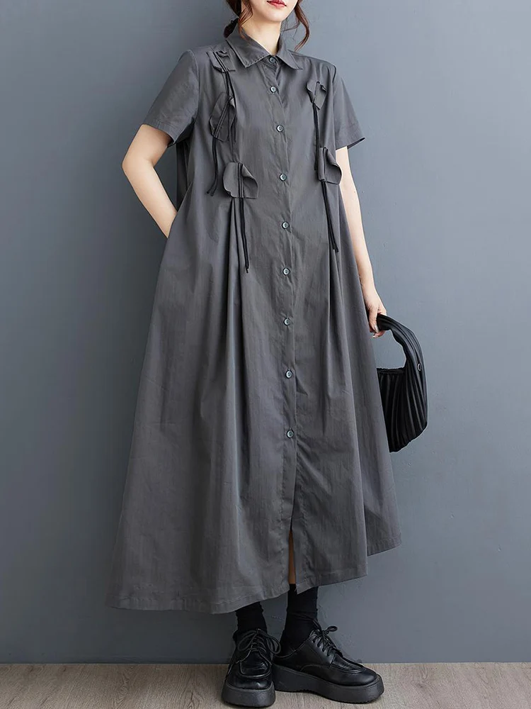 Black Vintage Spliced Shirt Dresses For Women Korean Fashion Short Sleeve Loose Casual Dress Elegant Clothing New Summer 2025