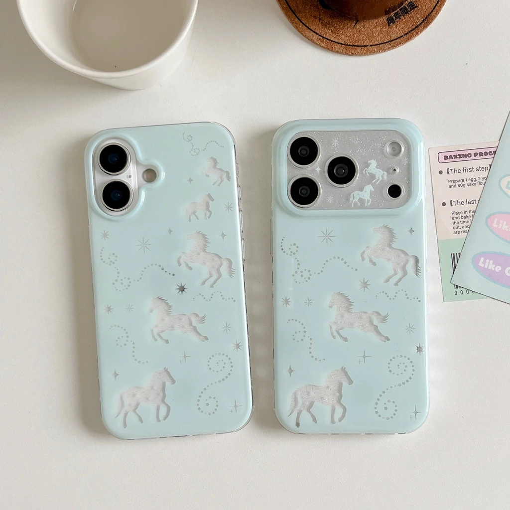 Frische, hellgrüne, ausgehöhlte Glitzer-Pony-Silhouette, silberner Stern, schützende Handyhülle für iPhone 18 17 16 15 14 Pro Max – Detail 1