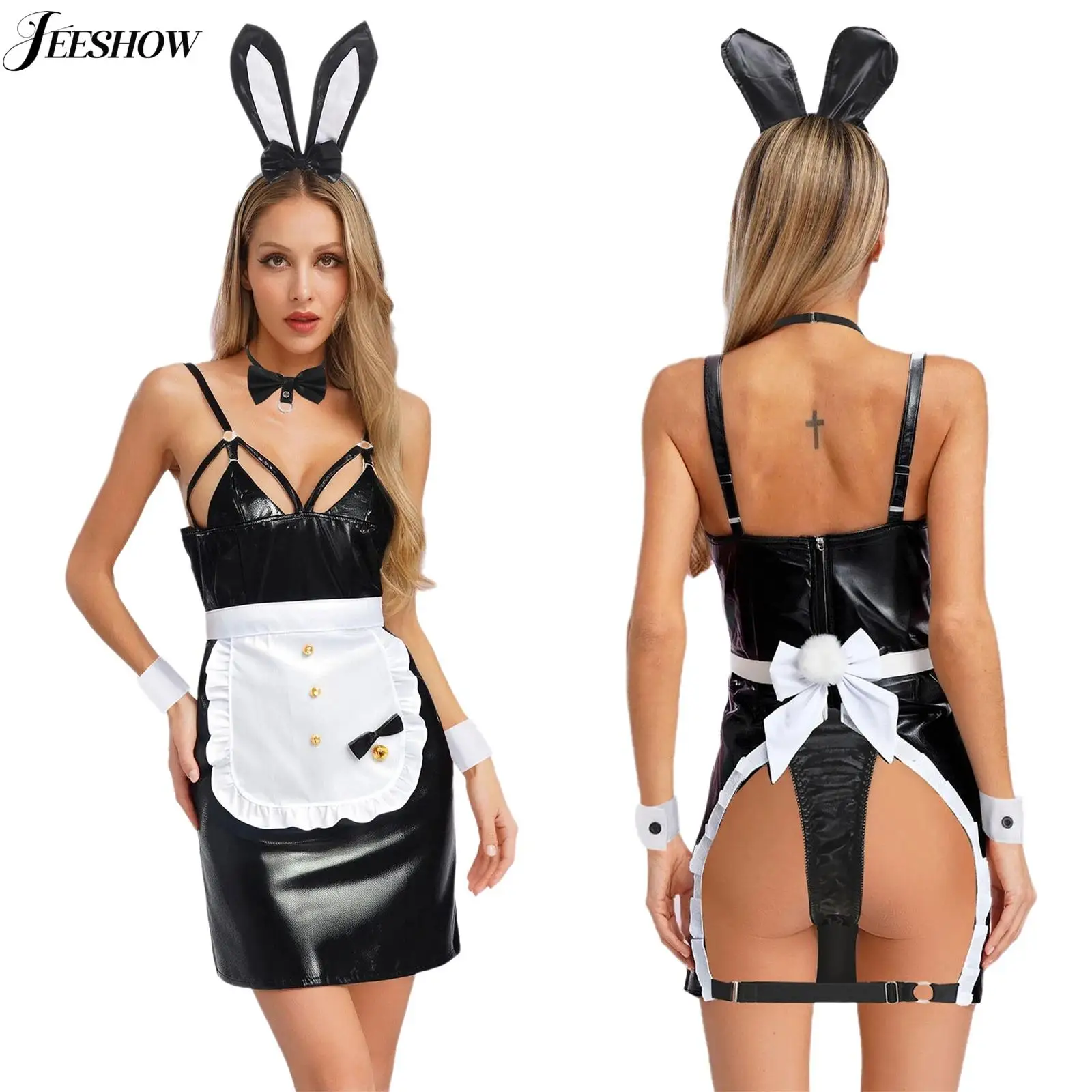 

Womens Naughty Bunny Girl Lingerie Costume 7 Piece Outfits Back Slit Sling Dress with Accessories Anime Maid Uniform Dress Up