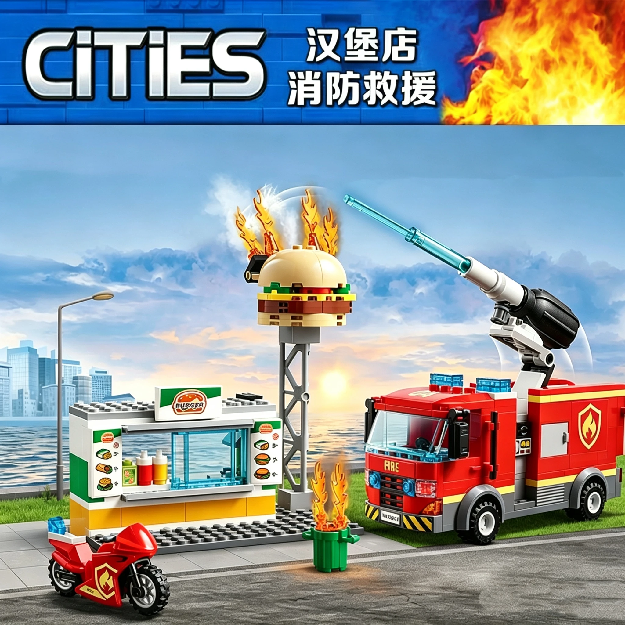 Sets MOC Compatibles, Serie Ciudad, Bloques de Construcción 60214, Burger Bar Fire Rescue ‌ Camión de Bomberos de Juguete para Armar