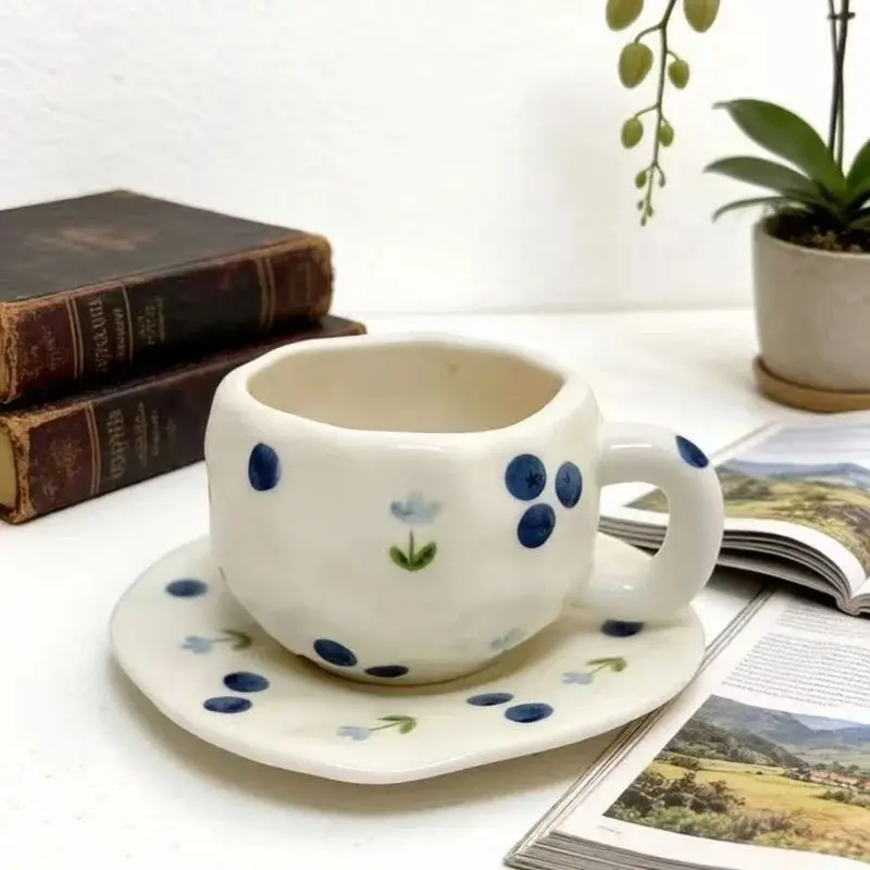 300ML Hand Painted Ceramic Coffee Mug with Saucer Handmade Tea Cup Set Lovely Irregular Design Gift for Coffee Lovers