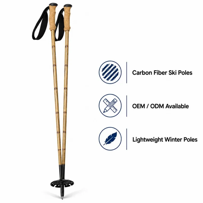 Zeroring Carbon Bamboo Ski Poles, Lightweight Fixed Alpine Sticks, Cork Grip, 2026 Premium Design