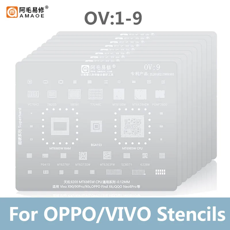 AMAOE 0.12mm OV1-9 BGA Reballing Stencil for OPPO VIVO Tin Planting Net Welding Universal Steel Mesh 