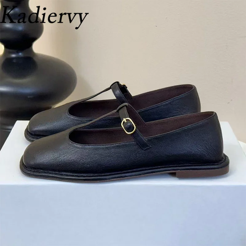 

Genuine Leather Shoes Women Square Toe Buckle Strap Mary Jane Shoes Casual Comfort Walk Shoes Daily Outdoors Flat Shoes Woman
