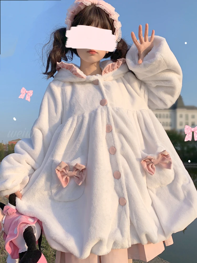 Japanese Soft Girl Sweet And Cute Plush Thick Hooded Rabbit Ear Fur Coat Flower Bud Swing Skirt Female Autumn Winter Kawaii