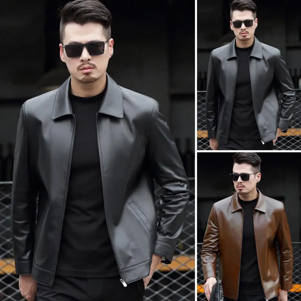 Classic Men Lapel Coat Stylish Men's Slim Fit Faux Leather Biker Jacket with Zipper Pockets Vintage Windproof for Spring