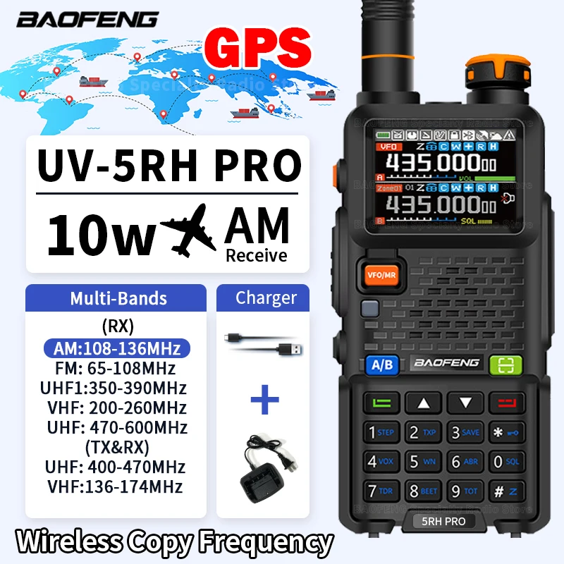 Baofeng UV-5RH PRO Рация GPS Многодиапазонный AM FM Type-C Беспроводная копия Частота любительской ветчины Двусторонние коммуникационные радиостанции дальнего действия