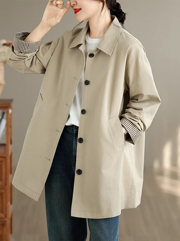 Korean Style Simple Commuter Elegance Windbreaker Jacket Women's Spring Autumn Medium Length Loose Large Size Casual Long Sle...