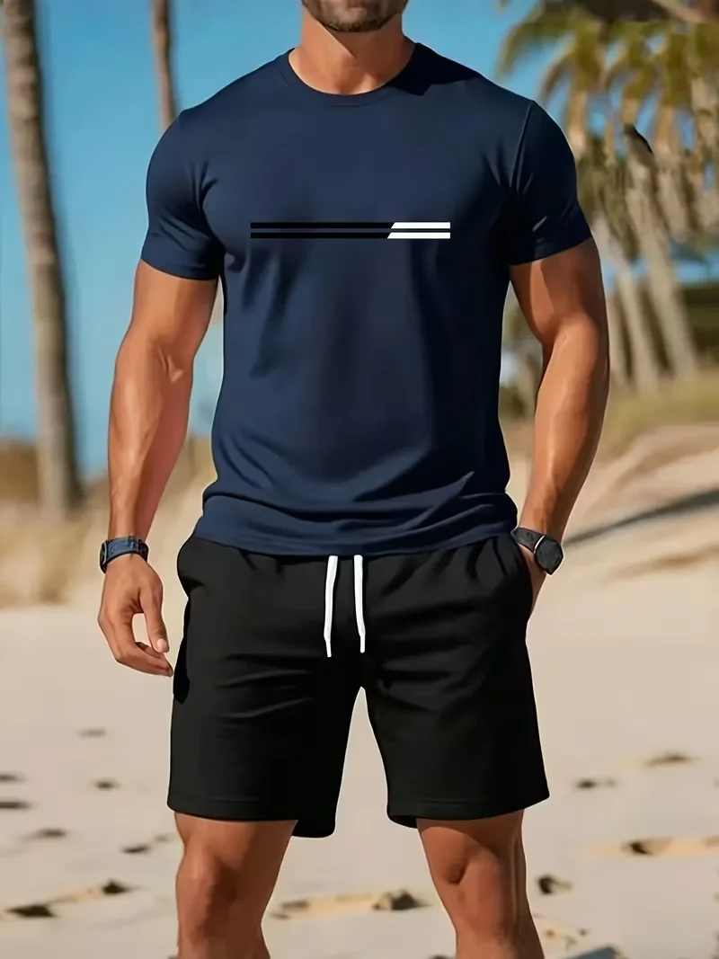 Men's sports two-piece set short sleeved T-shirt and shorts running and fitness sportswear summer promotion latest hot selling
