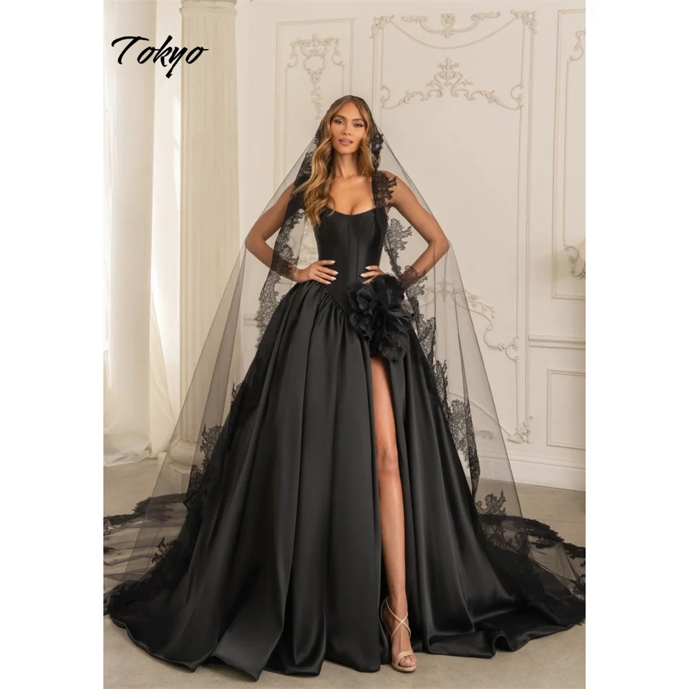 طوكيو مخصص الجانب الأسود السامي سبليت فساتين الزفاف حمالة أكمام الدانتيل متابعة أثواب الزفاف أنيقة ألف خط فساتين الزفاف