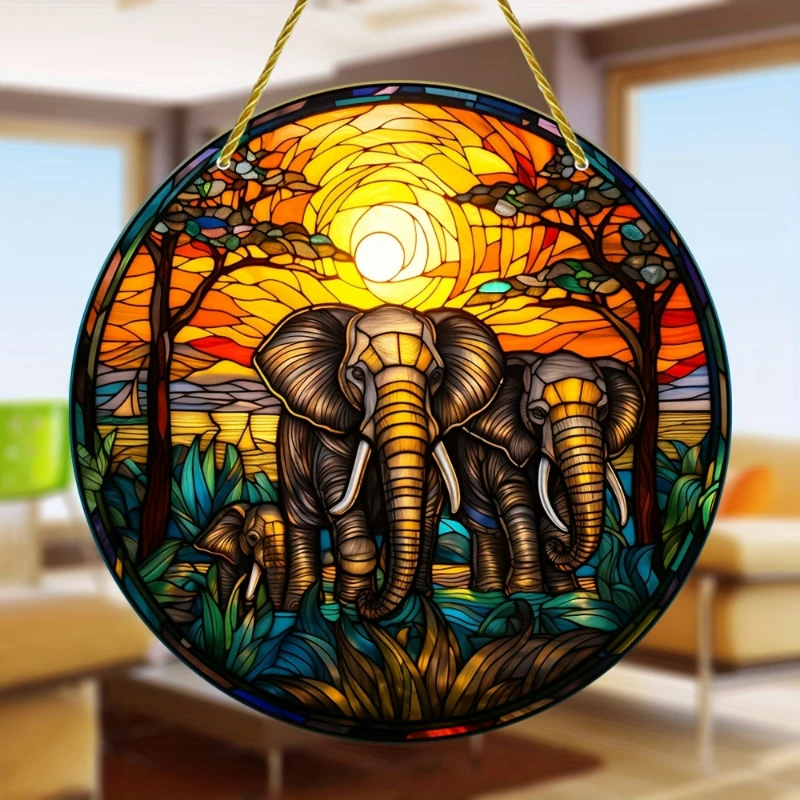 Herd Of Elephants Sun Catcher Colorful Artificial Glass Light-Catching Decorative Round Acrylic Painted Art Window Hanging Sign