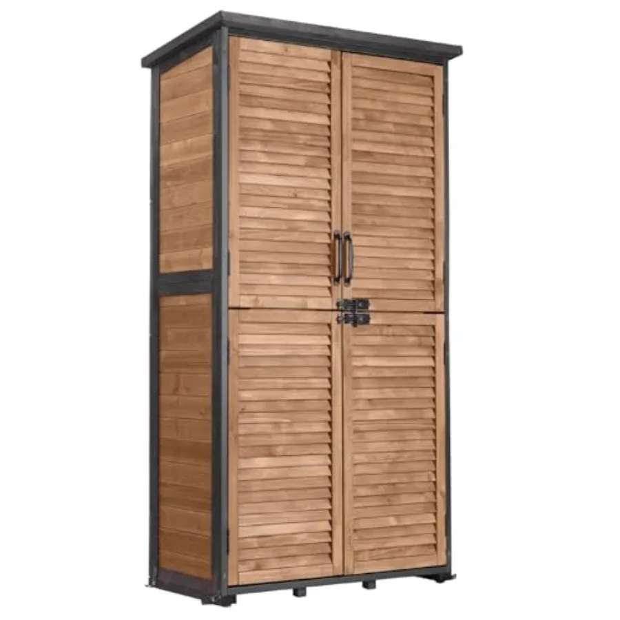 Outdoor storage cabinet with metal frame, gray finish, waterproof design for garden tool organization and durable floor with ad