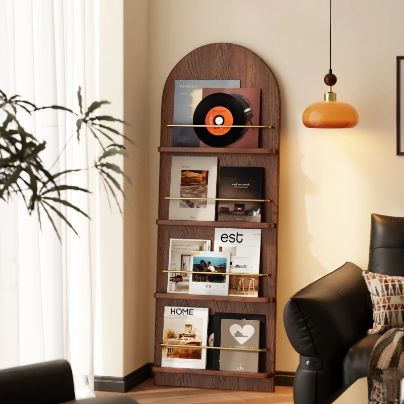 Interior Magazine display shelf Floor-to-ceiling newspaper Arched Solid wood book stand Medieval storage librero estantería