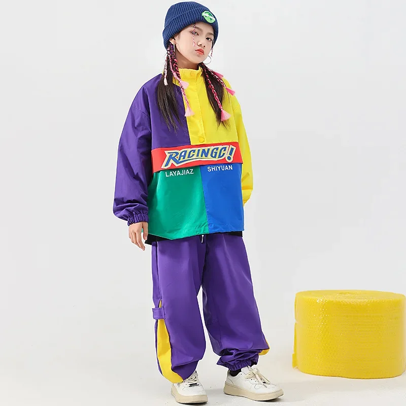 Kid Hip Hop Clothing Set Color Block Pullover Jacket Top Purple Street Jogger Pants for Girl Boy Jazz Dance Costume Clothes