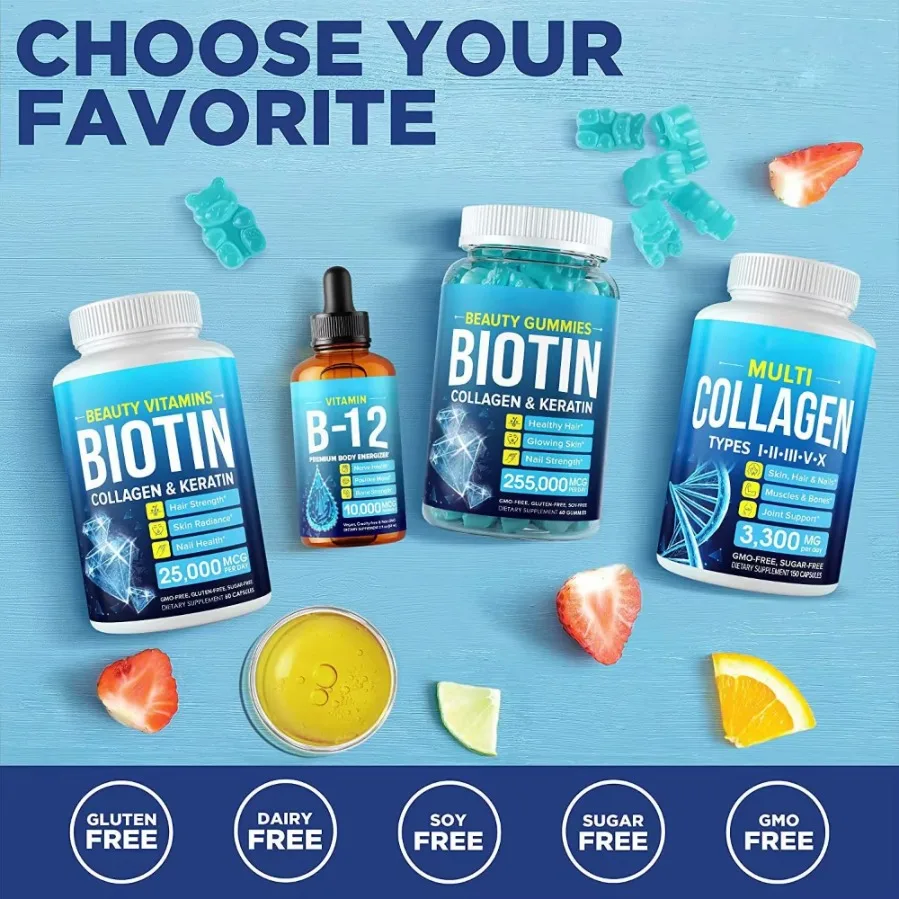 Descubra las gomas de biotina para la piel del cabello y las uñas cada paquete que contiene 60 biotina vegetariana 255000 mcg Gominolas de colágeno