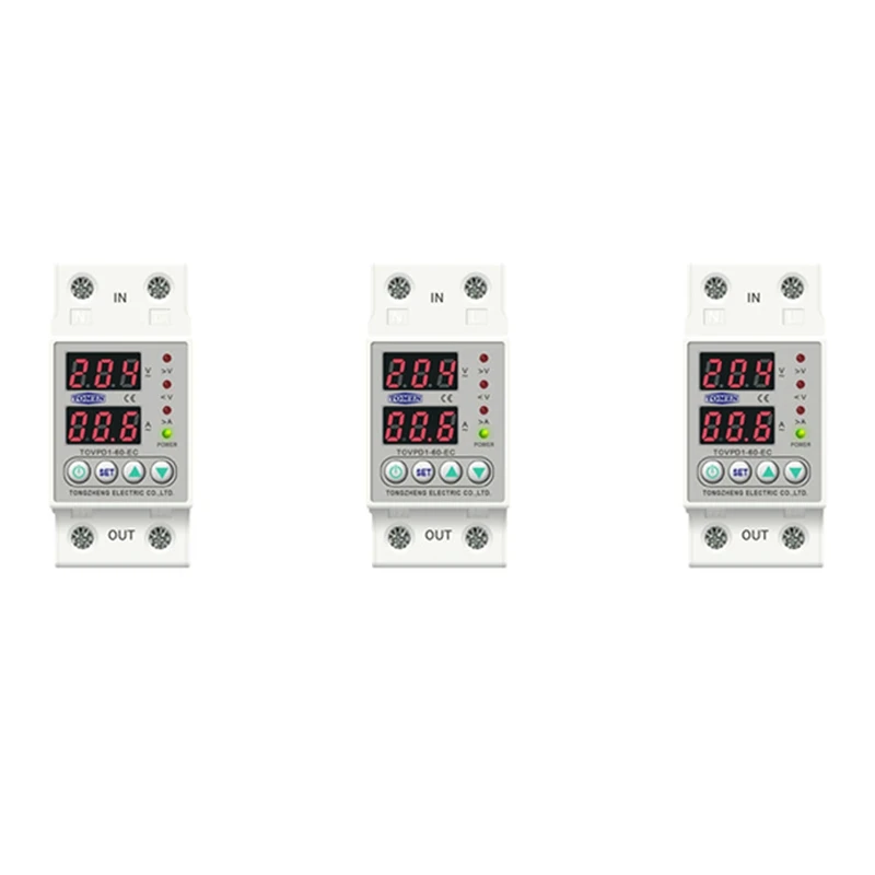 3X Din Rail Dual Display Adjustable Over Voltage Current And Under Voltage Protective Device Relay 40A 220V 230V