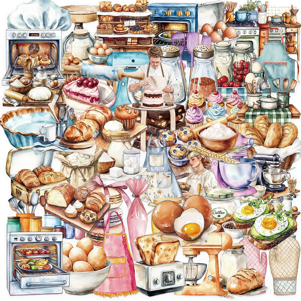 

10/30/50pcs Transparent Baking Theme Cartoon Stickers Make Cake Bread Graffiti Decals Fridge Water Bottle Phone Sticker Packing