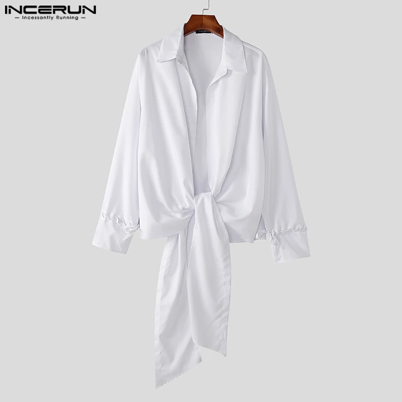 INCERUN 2024 Casual Amerikaanse Mode Shirts Mannen Lange Mouw Effen Kleur Tops Sexy Revers Elegante Kink Blouses Vintage Stijl Tops