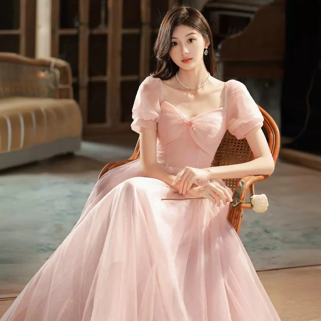 Pink Puff Sleeves Prom Dress French Square Collar Simple Quinceanera Dresses Elegant Tulle Long A-Line Graduation Party Vestido