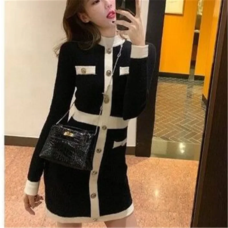 

2024 Fashion Korean Style Knitted Dress Winter White Black Women Knit Bodycon Dress Elegant Long Sleeve Dress Knitwear For Women