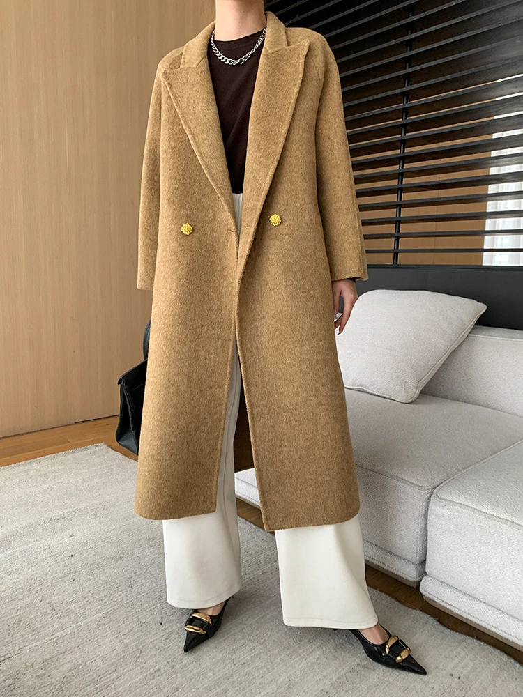 Camel Yellow Double Breasted Big Size Woolen Coat New Lapel Long Sleeve Women Jacket Fashion Tide Autumn Winter