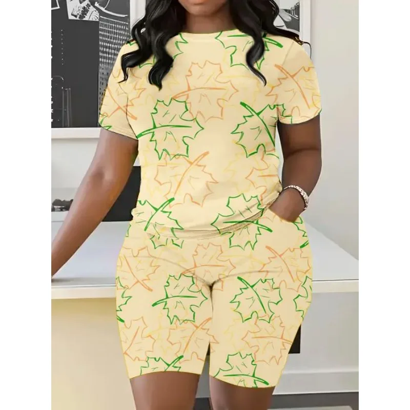 Plus Size Summer Fashion Maple Leaf Printed Thin Short Sleeve Shorts Set for Casual Commuting Loose Micro Elastic Women\'s Set