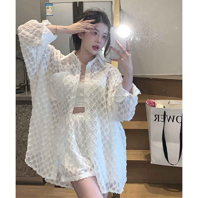 Vacation Wind Sun Protection Clothes Summer UV Resistant Breathable Cardigan Shorts Set Women Loose Size Two Piece Set Traf