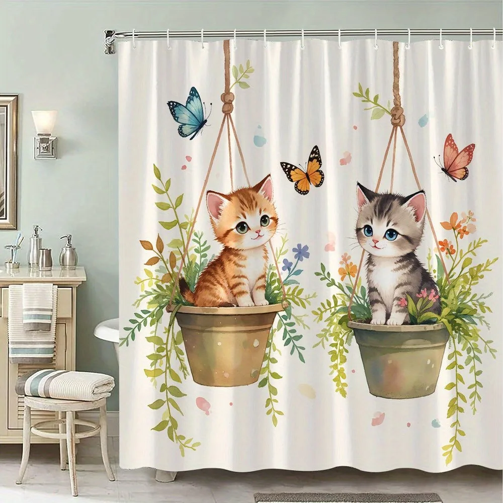 

Занавеска для душа с рисунком милого кота из мультфильма, моющаяся грязеотталкивающая насадка для душа, водонепроницаемая полиэстеровая занавеска для ванны для домашнего декора