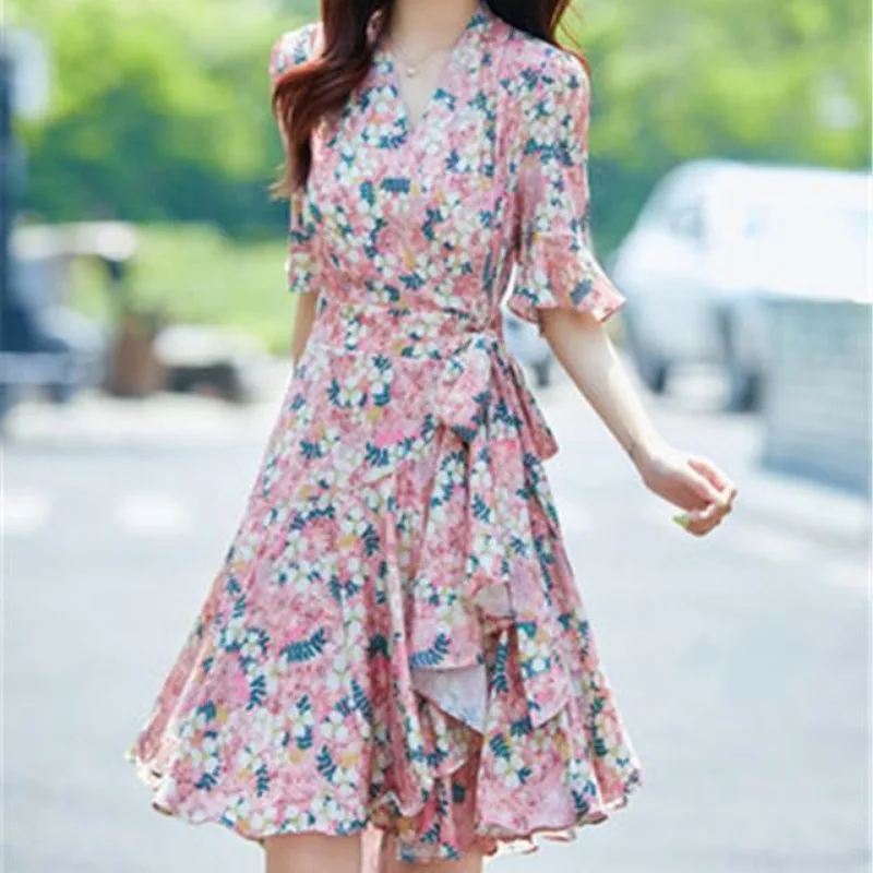 Womens Floral Print Chiffon Mini Dress Casual Short Sleeve V Neck Ruffle Hem Summer Dress