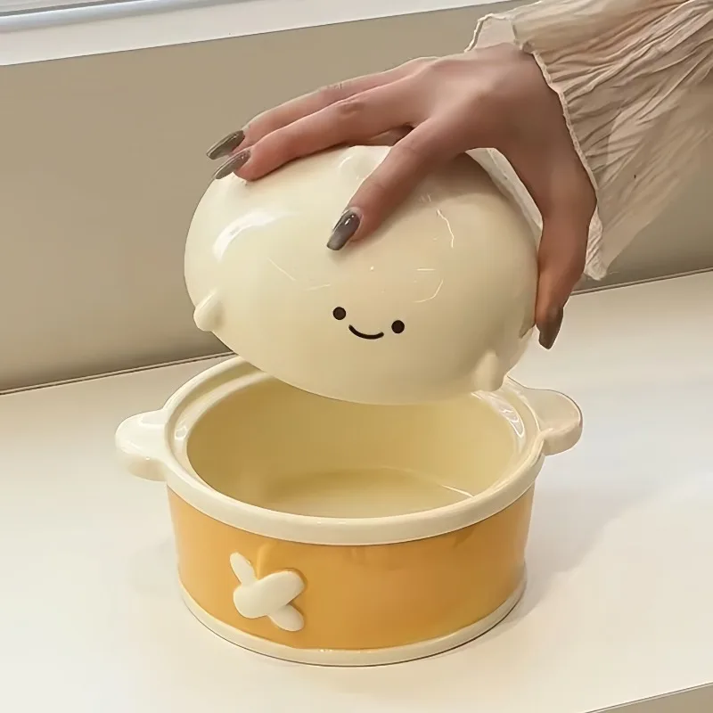 Cute Binaural One-person Food Noodle Bowl with Lid Household Large-capacity Ceramic Anti-scalding Student Dormitory Instant