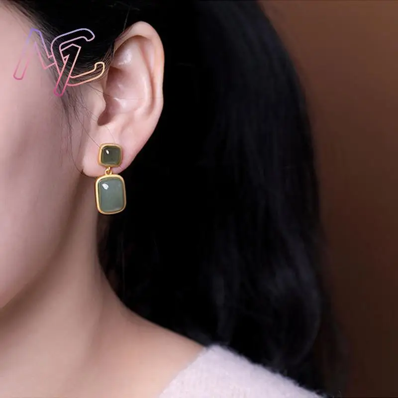 Natural Jade Earrings Gifts for Women Lucky Charm Carved Gemstone Ear Stud Designer Fashion Accessories Real Jewelry