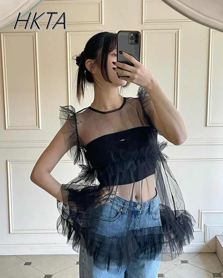 Estilo japonés transparente volantes ribete encaje hasta sin mangas malla exterior camisa blusa niñas mujeres Primavera Verano blusas finas Top