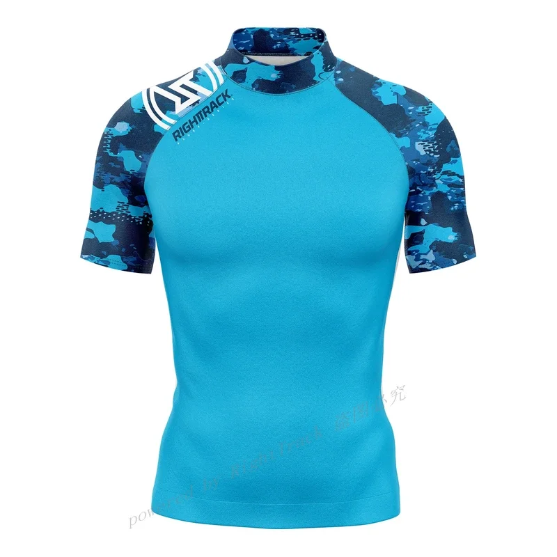 Camicia da Surf a maniche corte da uomo calda Champion Lycra Rashguard RIGHTTRACK per Surf Sportswear Beach UV Swimwear UPF50 Clothes