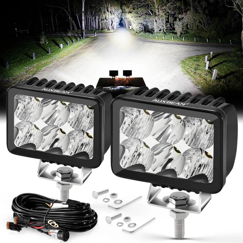 AUXBEAM  3 Inch LED Work Light 60W Spot Flood Combo Driving Lamp with 046 Harness set For Truck SUV ATV