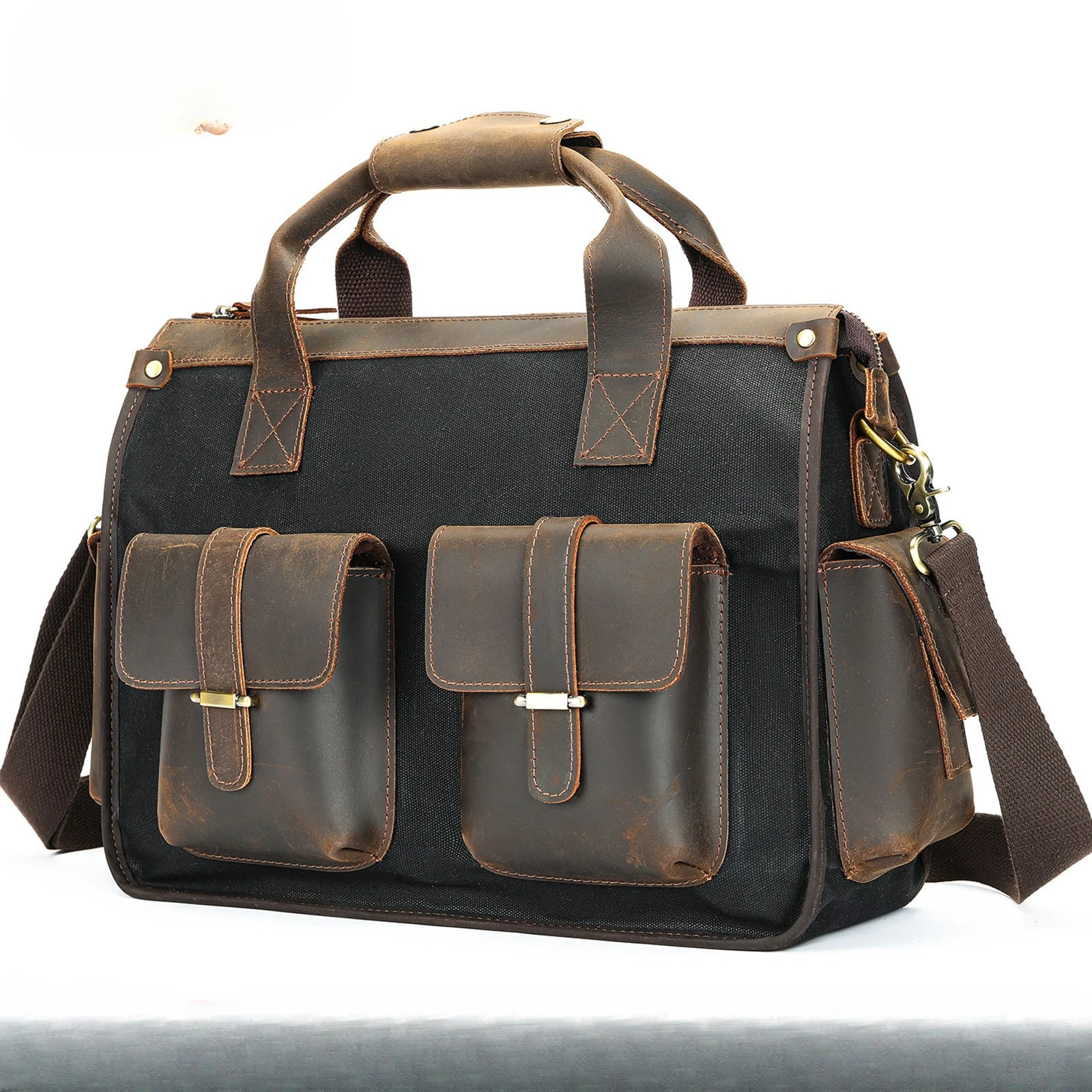 

Vintage Crazy Horse Leather Briefcase - Waterproof Canvas Hybrid Men Bag, Rugged Business Laptop Shoulder Bag
